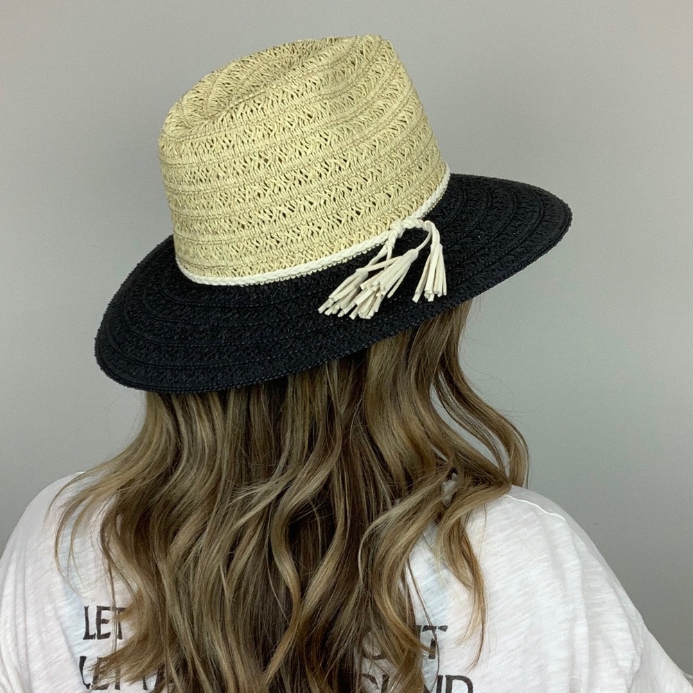 Night Train Straw Hat Tan Black Boho Wide Brim - Picture 4 of 8